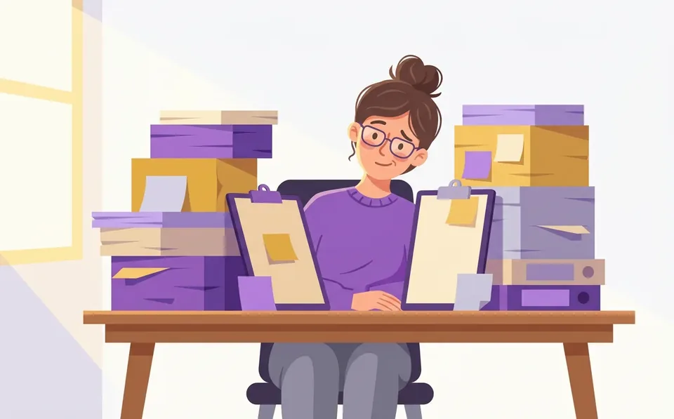 Illustration of a teacher overwhelmed by paperwork at their desk